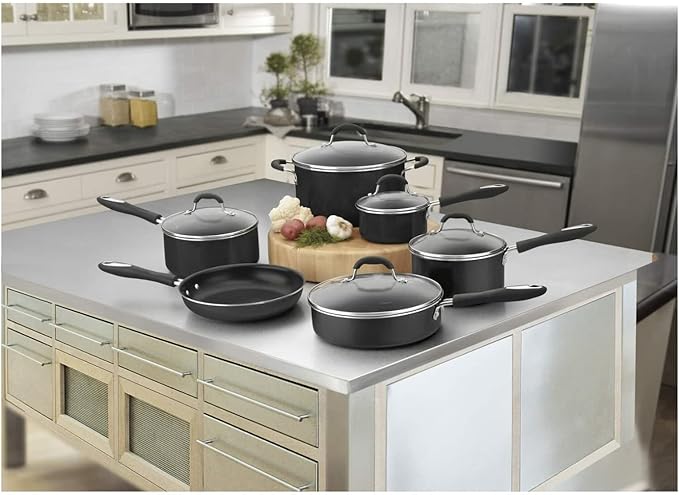 Cuisinart Advantage Nonstick Cookware Set, 11-Piece Pots and Pans Cooking Set with Aluminum Core for Quick and Even Heating, Easy Grip Handles, Dishwasher Safe, 55-11BK