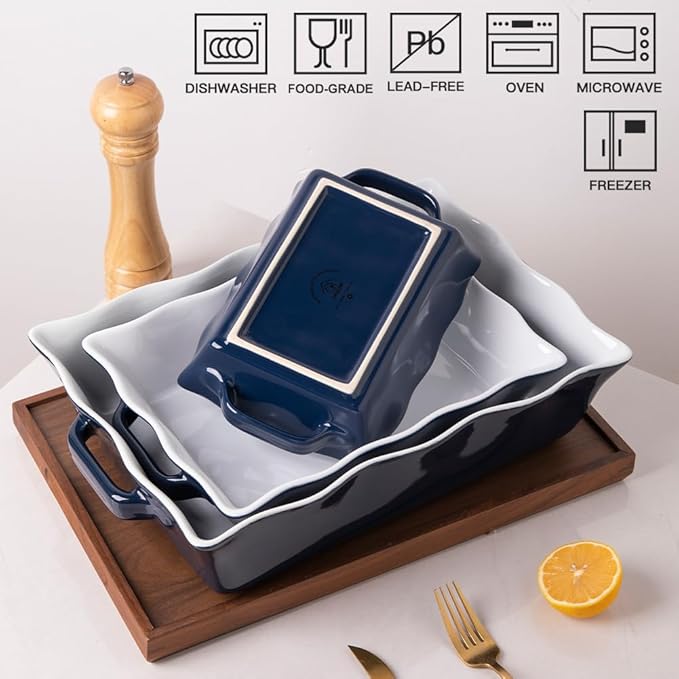 Sweejar Casserole Dishes for Oven, Ceramic Bakeware Set of 3, Rectangular Baking dish with Handles, Wave Edge Lasagna Pan Deep for Cooking, Cake, Dinner, Banquet and Daily Use (Navy)