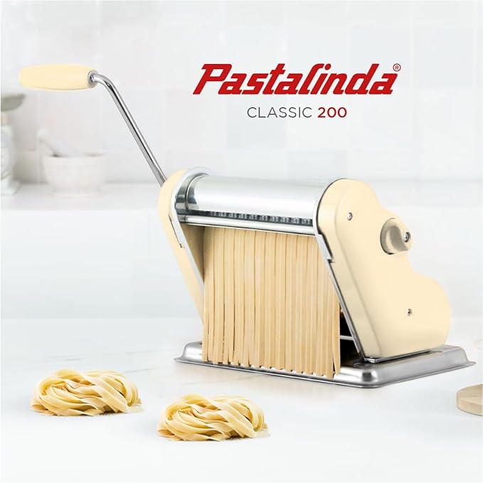 PASTALINDA Classic 200 Pasta Maker Machine, 20 cm Wide Rollers, 9 Thickness Positions, 2 Cutting Positions, Stainless Steel. Includes Reinforced Hand Crank And Two Clamps