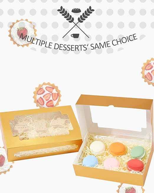 qiqee Cookie Boxes for Gift Giving 8x5.3x2 inch 24Packs Gold Treat Box with Window Bakery Box for Donuts Candies and Biscuit