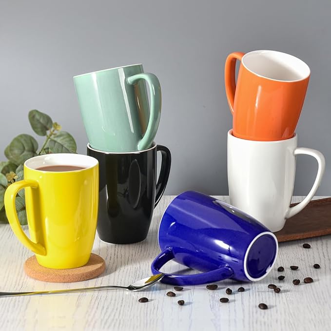 homEdge Porcelain Mug Set, 16 Ounces Cup for Tea, Latte, Mocha, Hot Chocolate, Set of 6, Black