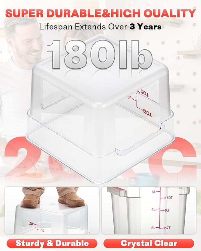 2QT4QT NSF Food Storage Containers: 6PCS [Food Grade][Hot&Cold Resistant] Commercial Clear Food Storage Containers with Lids for Restaurant Kitchen Proof Dough, Measuring Spoons Included(Red)