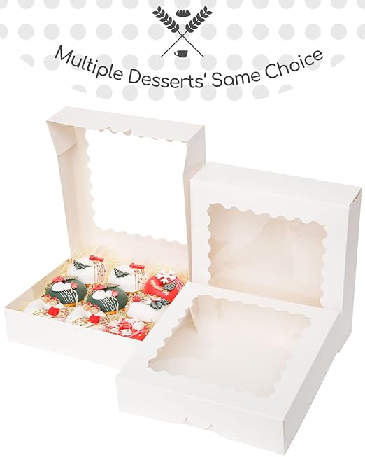 qiqee Auto-pop up White Pie Boxes with Window 10x10x2.5 inch 30Packs Cookie Donut Bakery Box
