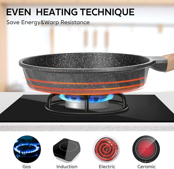 Non Stick Frying Pan Set - Stone Skillet Set, Kitchen Omelette Pans, Induction Chef' Pan Grainte Cookware Set, Nonstick Frying Pans with Lid(8inch&9.5inch&11inch)