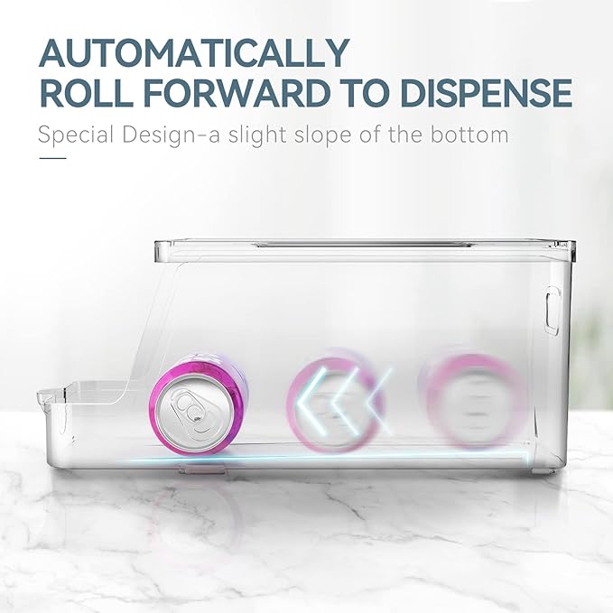 Soda Can Dispenser for Refrigerator with Lids, Stackable Drink Organizer for Fridge, Clear Plastic Refrigerator Organizer Bins, Beverage Can Holders for Pantry, Freezer, Kitchen, Cabinets Set of 2