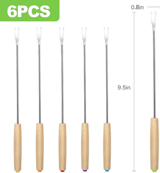 ZukoCert 6Pcs Stainless Steel Fondue Forks, Color-Coded 9.5 Inch Fondue Sticks with Wooden Handle, Heat Resistant Skewers for Cheese, Chocolate Fountain, Roast Marshmallows, Fruits