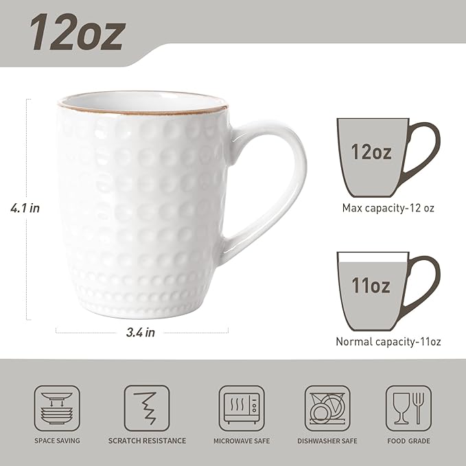 famiware Coffee Mugs Sets for 4, Eden 12 oz Mug Set, Coffee Cups with Handle for Coffee, Tea, Cocoa and Milk, Microwave and Dishwasher Safe, White Circle