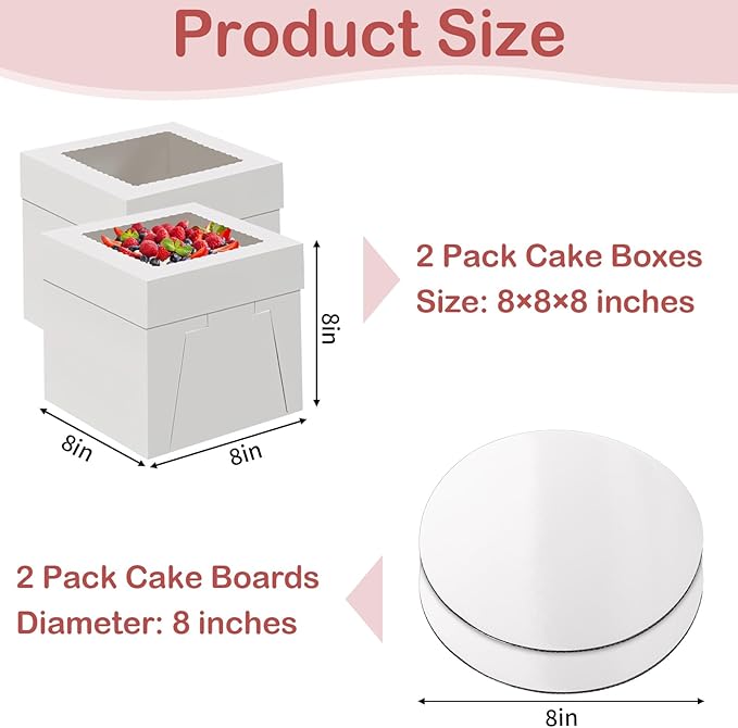 WINKIO Cake Box with Cake Boards, 2 Pack 8 In Disposable Cake Carrier, Cakes Transport Container, White Bakery Holder with Window (2, white, 8x8x8 In)