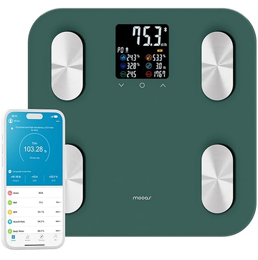 mooas Smart Scale for Body Weight Fat Bluetooth Scale, Digital Bathroom Scale with BMI, Body Fat, Muscle Mass 19 Body Composition, LCD Accurate Bluetooth Scale for Home Smartphone App, 396 lbs (Green)