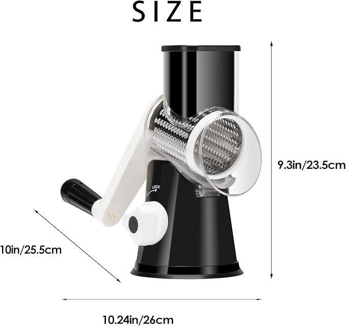 Ourokhome Rotary Cheese Grater Hand Crank, Kitchen Shredder Speed Mandolin Slicer Nuts Grinder with Handle and Drum Blades for Cheese, Vegetable, Walnut, Chocolate, Potato, Carrot, 3 Blades, Black