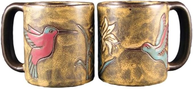 Set Of Two (2) MARA STONEWARE COLLECTION - 16 Oz. Coffee Cup Collectible Dinner Mugs - Hummingbird & Flowers