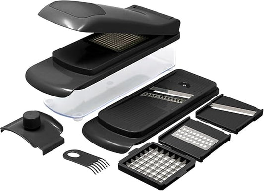 10-Piece Vegetable Chopper, Spiralizer, Slicer – Multi-Functional Chopper & Slicer with 5 Blades, Food Storage Container and Hand Guard – Ideal for Vegetables, Fruits & More - Black