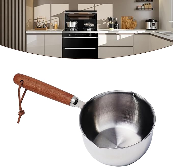 Stainless Steel Butter Melting Pot Multi-Purpose Sauce Pan Mini Milk Warmer with Wooden Handle for Induction Gas Electric Stove Compatible Kitchen Tool(500ml)