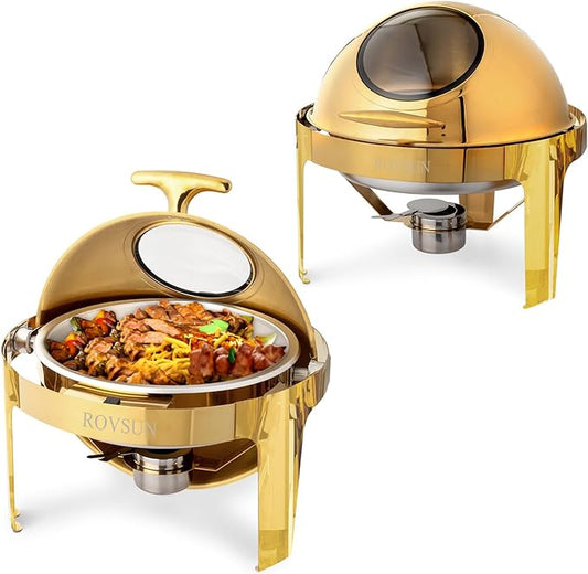 ROVSUN 6 QT 2 Packs Round Chafing Dish Buffet Set, Roll Top NSF Stainless Steel Buffet Warmer Chafers and Buffet Warmers Sets with Thick Frame for Catering Events Parties Weddings Dinners,Gold