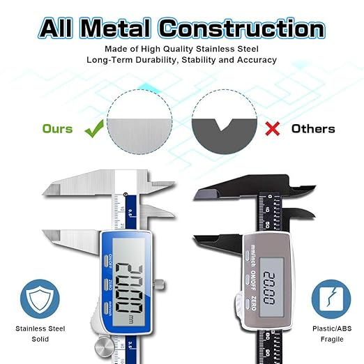 Qfun Digital Caliper, 0-6inch Caliper Measuring Tool Extreme Accuracy IP54 Waterproof Electronic Vernier Caliper Stainless Steel Digital Micrometer with Extra Large LCD Screen