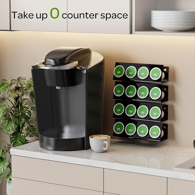K Cup Holders, Acrylic Coffee Pods Organizer Stand Magnetic & Self-Adhesive for Kitchen Wall, Cabinet, Fridge (4 Pack for 16 Pods)