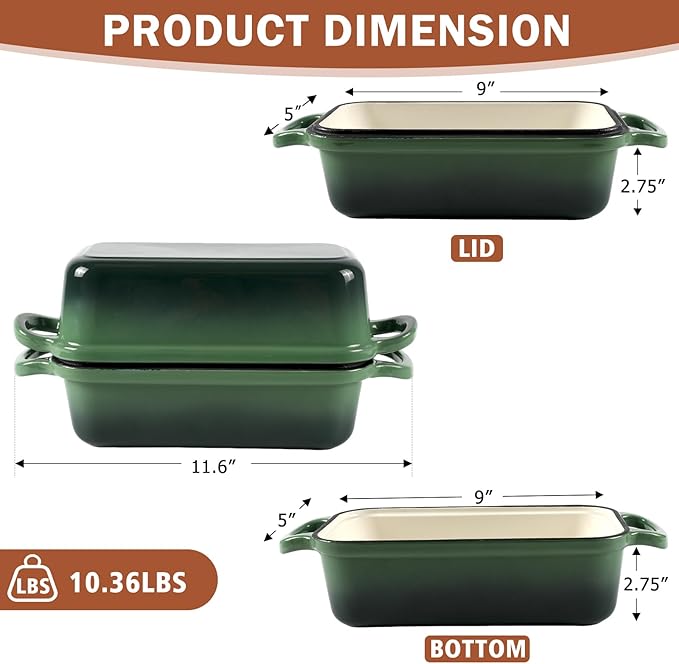 9 x 5 Inch Bread Pan Enameled Cast Iron Loaf Pan with Lid for Baking, 2 in 1 Non-stick Sourdough Bread Loaf Pan for Homemade Bread, Oven & Stovetop Safe for Gas, Electric & Induction, Green