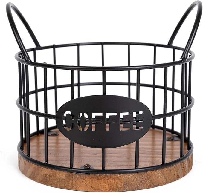 Coffee Pods Holder for Countertop, K Cup Holder Organizer, Sturdy Kcup Storage Basket with Wooden Base , Pod Container For Kitchen Bar Counter Office Desktop (Black)