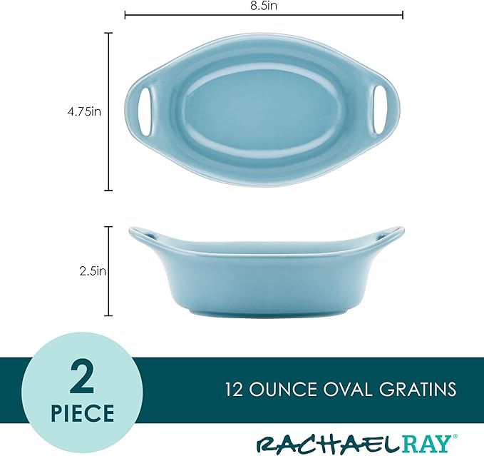 Rachael Ray Ceramics Au Gratin Set, Oval, Two 12-ounce, Agave Blue