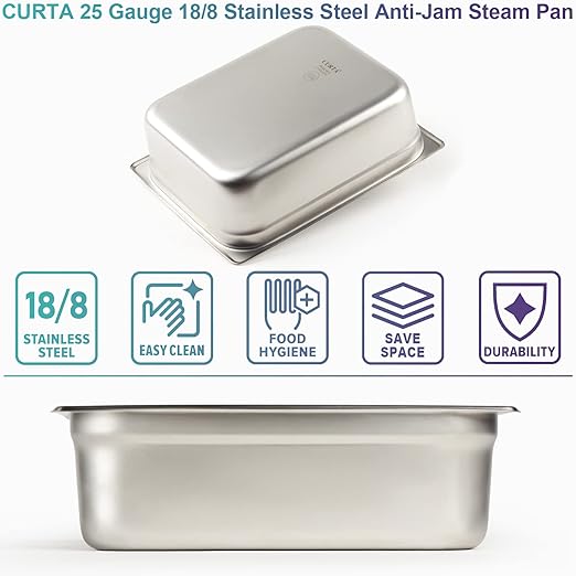 CURTA 6 Pack Anti-Jam Hotel Pans, 1/2 Size 4 Inch Deep, NSF Commercial 18/8 Stainless Steel Chafing Steam Table Pan, Catering Storage Metal Food Pan