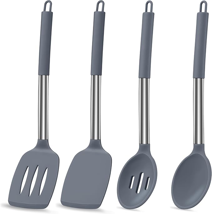 LIANYU Silicone Cooking Utensil Set, 6Pcs Heat Resistant Kitchen Utensils Set, Non-stick Stainless Steel Handle Spatula Tools, Dishwasher Safe, Grey