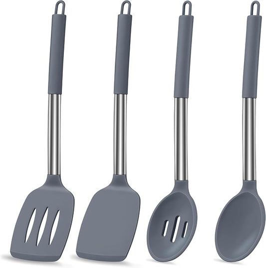 LIANYU Silicone Cooking Utensil Set, 6Pcs Heat Resistant Kitchen Utensils Set, Non-stick Stainless Steel Handle Spatula Tools, Dishwasher Safe, Grey