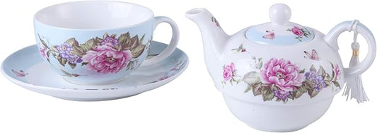 London Boutique Tea for One Teapot Cup Saucer Set Vintage Bird Rose Butterfly Flora New Bone China Gift Box (Blue)