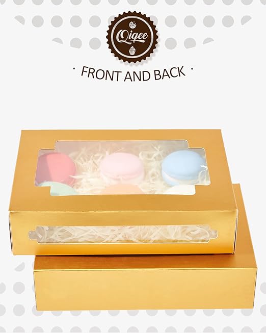 qiqee Cookie Boxes for Gift Giving 8x5.3x2 inch 24Packs Gold Treat Box with Window Bakery Box for Donuts Candies and Biscuit