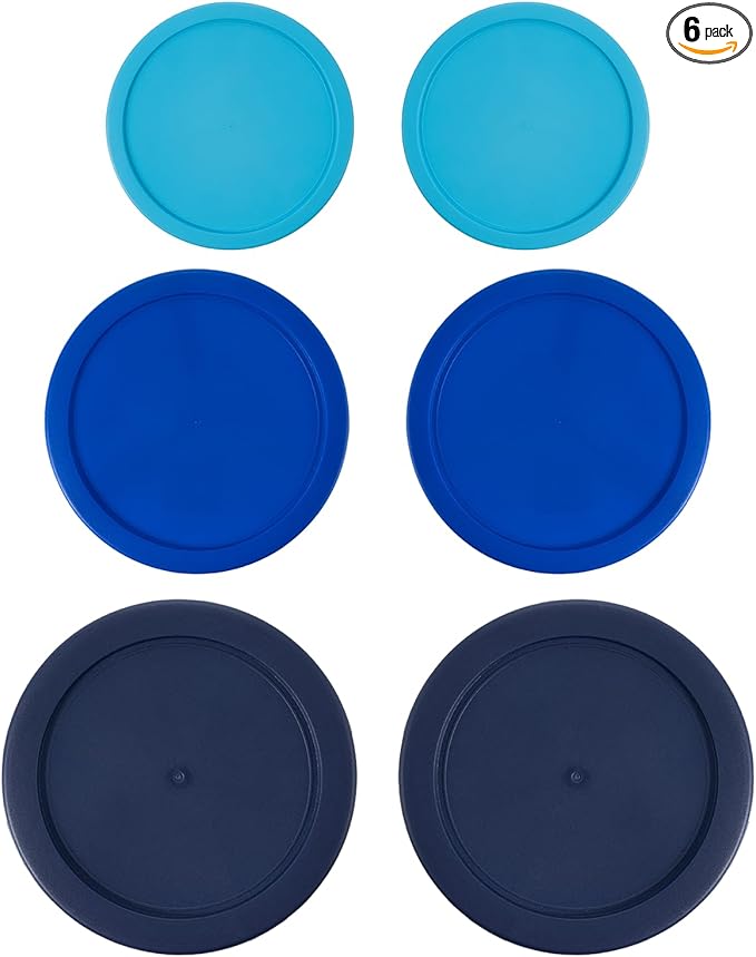 Replacement Lids for Pyrex Containers Round Glass Food Plastic - (2) 2-Cup Light Blue, (2) 4-Cup Blue, (2) 7-Cup Navy - BPA-Free, Dishwasher & Microwave Safe