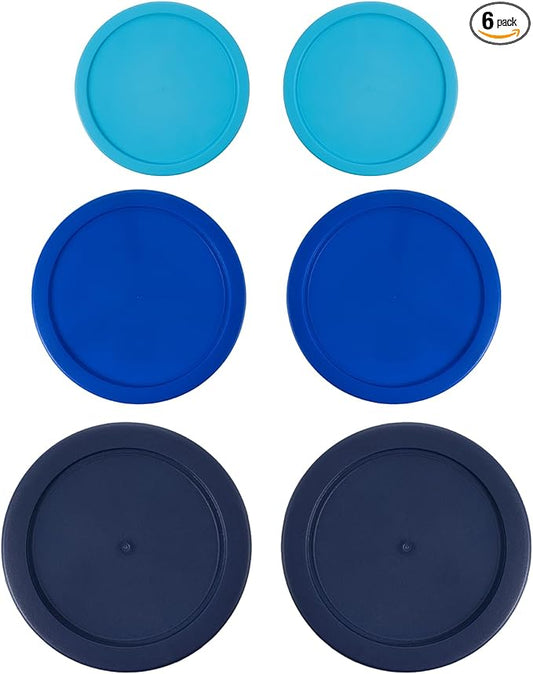 Replacement Lids for Pyrex Containers Round Glass Food Plastic - (2) 2-Cup Light Blue, (2) 4-Cup Blue, (2) 7-Cup Navy - BPA-Free, Dishwasher & Microwave Safe