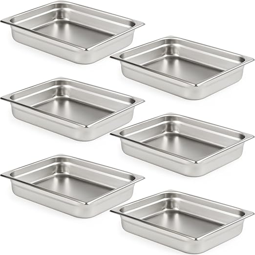 CURTA 6 Pack Anti-Jam Hotel Pans, 1/2 Size 2 1/2 Inch Deep, NSF Commercial 18/8 Stainless Steel Chafing Steam Table Pan, Catering Storage Metal Food Pan
