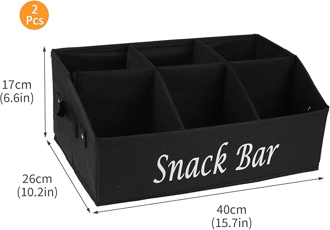 2 Pack Snack Organizer for Countertop With Handles - 6 Compartment Box Basket, Bar Station, Kitchen Cabinet Pantry Storage - Black