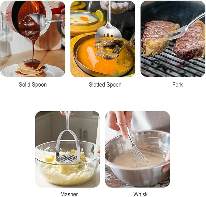 304 Stainless Steel Kitchen Utensils Set, 11PCS Metal Cooking Tools, Masher, Fork, Solid Spoon, Slotted Spoon, Spatula, Whisk, Skimmer, Slotted Spatula Tunner, Soup Ladle, Spaghetti Spoon, Large Ladle