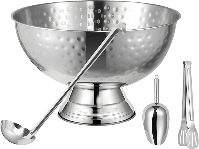 12L Hammered Large Ice Bucket for Parties - 16"x16"x10" Huge Punch Bowl with Ladle - Stainless Steel Bucket for Cocktail Bar - Lightweight Champagne Bucket with Scoop