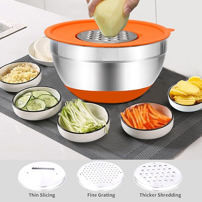 Rottay Mixing Bowls with Airtight Lids, 20PCS Stainless Steel Mixing Bowl Set, Nesting Bowls with 3 Grater Attachments & Non-Slip Bottoms, Size7, 4, 3, 2, 1.5, 1QT Bowls for Baking&Prepping