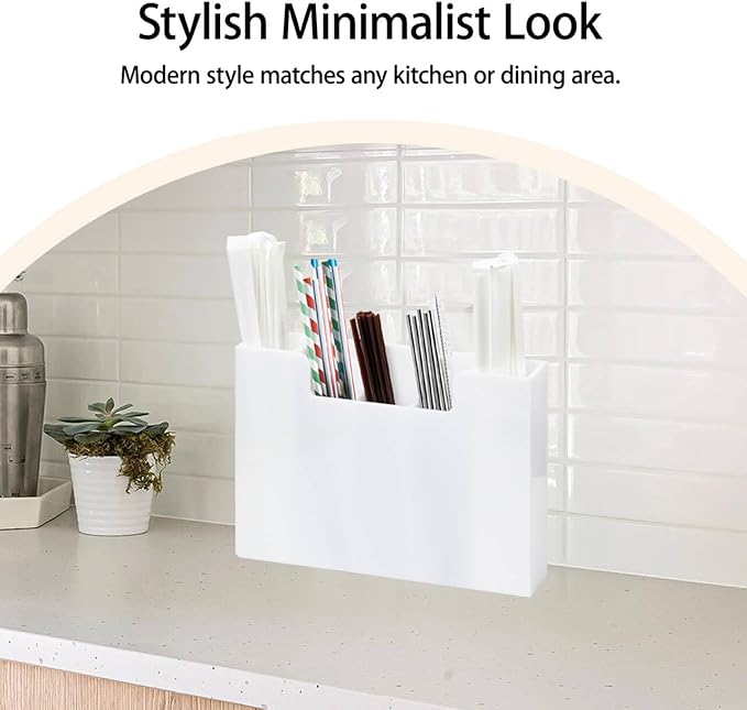 Acrylic Straw Organizer Holder for Counter Cabinet, 5 Slot Straw Dispenser with 2 Installation Methods for Kitchen Café Bar, White