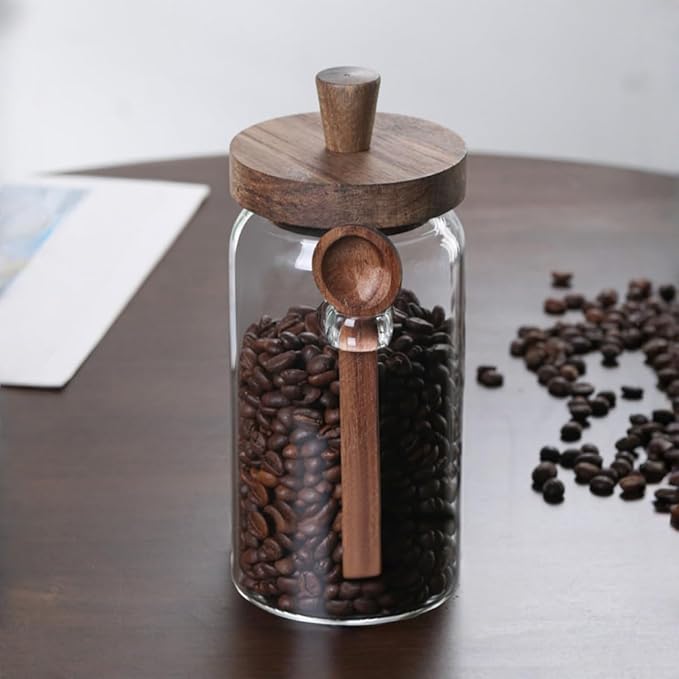 ANSQU 2 Pack Glass Jars with Wooden Lids & Spoons, 34oz Food Storage Containers Coffee Jar Coffee Grounds Container, Food Storage Canister