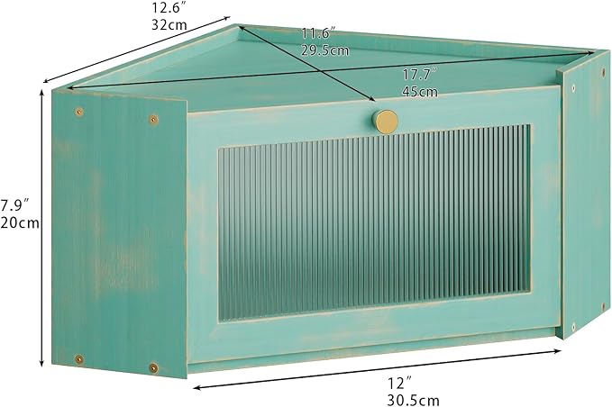 Corner Bamboo Bread Box for Kitchen Counter Large Capacity Rustic Bread Storage Container with Wavy Arcylic Transparent Door Vintage Storage for Homemade Bread (Antique Blue)