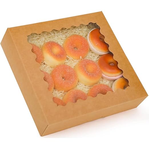qiqee Auto-pop up Brown Pie Boxes with Window 10x10x2.5 inch 30Packs Cookie Donut Bakery Box