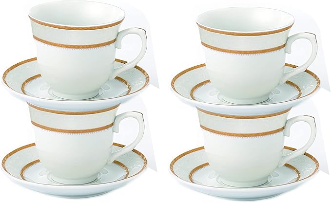 World Gifts Elegant Durable and Colorful Porcelain Tea-Coffee Cups and Saucers Set - Gold, 8 oz. Set of 4