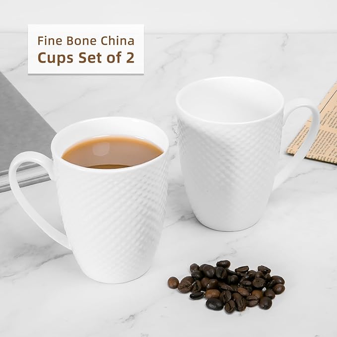 12 Oz White Coffee Mugs Set of 2, Fine Bone China Mugs, Ceramic Coffee Cups Set, Rhombus Relief Texture, Lightweight Tea Mugs for Latte, Hot Cocoa, Women, Men