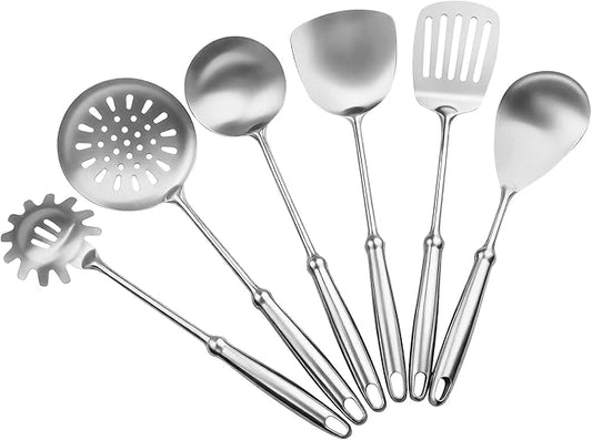 Stainless Steel Kitchen Utensils Set,6 PCS Metal Cooking Utensils Set,Large Spoon,Spaghetti Spoon,Wok Spatula,Skimmer,Soup Ladle etc(Dishwasher Safe)