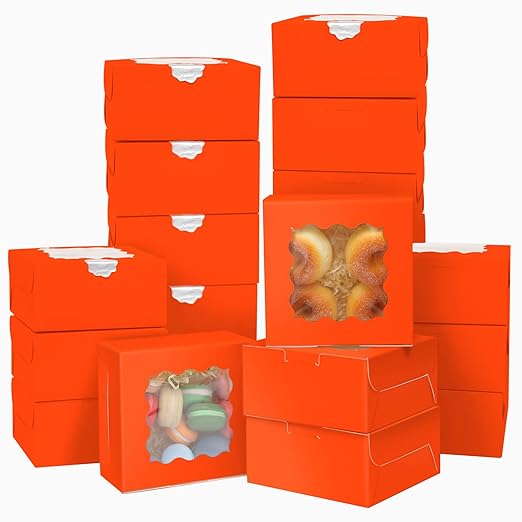 Bakepacker 60pcs Orange Bakery Boxes with Window 6x6x3 inches Thick & Sturdy Macaroon Pastry Boxes Cookie Boxes for Bakerys