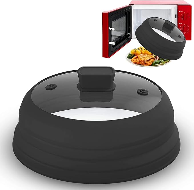 Microwave Splatter Cover Glass 11.8 Inch - Collapsible Microwave Splatter Cover for Plate & Bowl - Tempered Glass Top, Food-Grade Silicone Dome with Heating Vents & Heat-Safe Handle (BLACK)