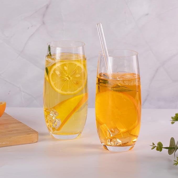 KAMMAK Drinking Glasses Set of 2, 15oz Crystal Water Glasses, Everyday Tall Glass Cups, Highball Glass for Cocktail, Juice, Mojito, Iced Tea, Kitchen and Bar Glassware Gifts, Collins Glasses