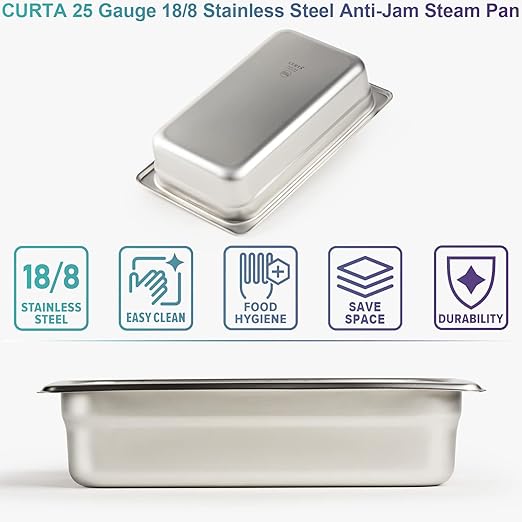 CURTA 6 Pack Anti-Jam Hotel Pans, 1/4 Size 2 1/2 Inch Deep, NSF Commercial 18/8 Stainless Steel Chafing Steam Table Pan, Catering Storage Metal Food Pan