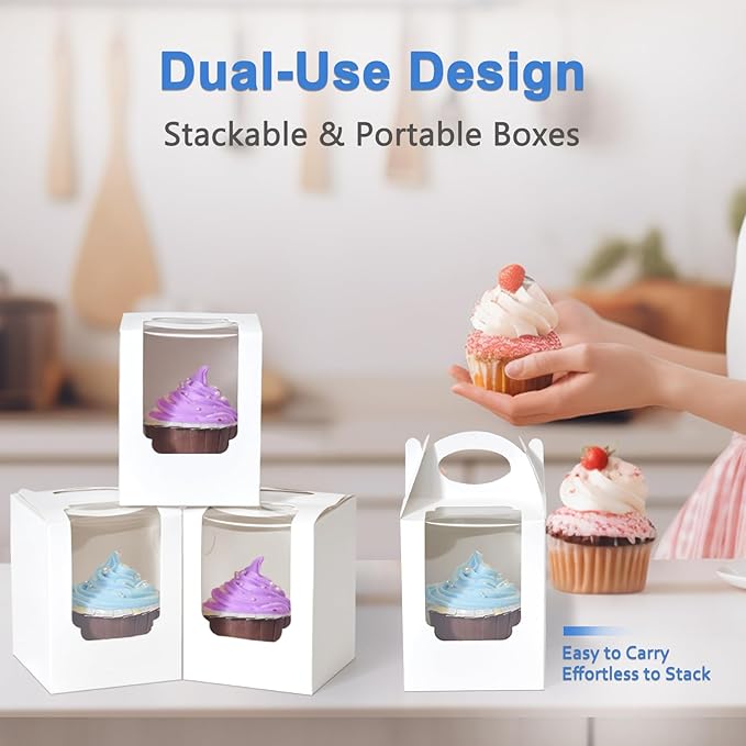 Cupcake Boxes 25 Pcs, Individual Cupcake Carrier White with Window Insert and Handle Pastry Containers Single Muffins Container for Bakery Wrapping Party Favor Packing