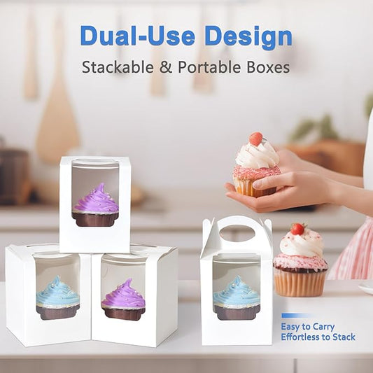 Cupcake Boxes 12 pcs, Individual Cupcake Containers White with Window Insert and Handle, Pastry Box Single Muffins Holder Disposable for Bakery Wrapping Party Favor Packaging