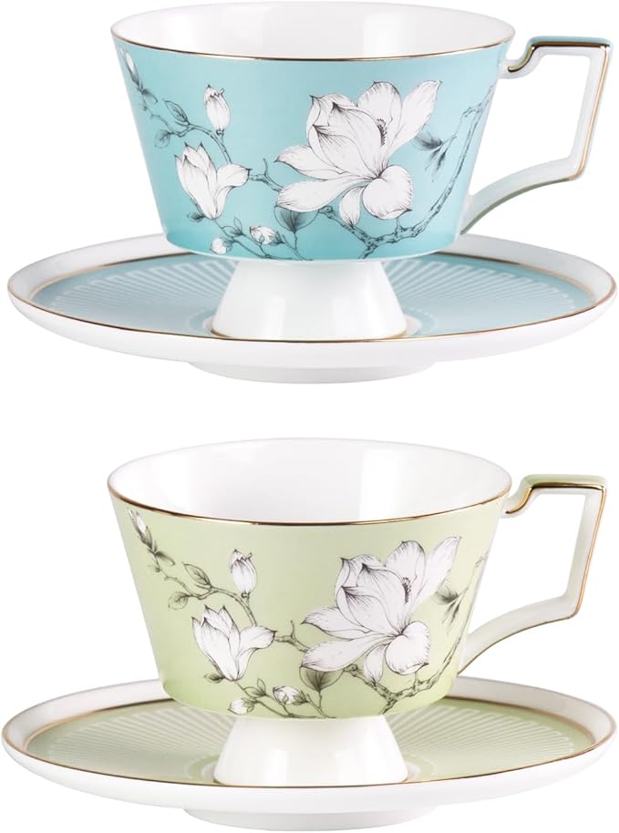 KAMMAK Ceramic Tea Cup and Saucer Set with Gold Trim, Magnolia Flower Pattern, 240ml Elegant Bone China Coffee Cup Set in Blue & Sage Green for Afternoon Tea, Gift for Women