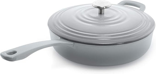 Chantal Cast Iron Skillet Sauté Pan with Lid, 4 qt, US Formulated Premium Enamel, Fade Grey